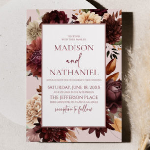 Invitation Mariage Beige Bourgogne Fleurs Fleurs Brun