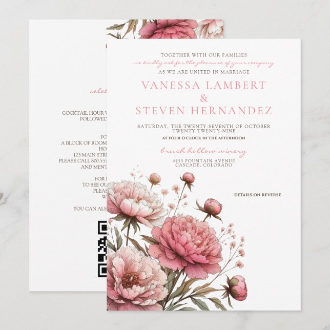 Invitation Mariage Big Pink Blooms (Devant / Derrière)