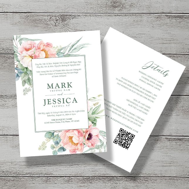 Invitation Mariage bilingue vietnamien rose blanc (Créateur téléchargé)