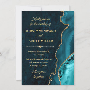 Invitation Mariage Bille de Marbre Agate Paillettes Or Turquo