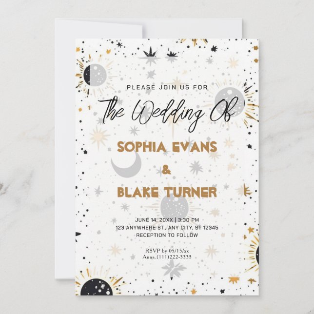 Invitation Mariage Black and Gold Celestial Sun Moon Stars (Devant)