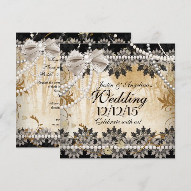 Invitation Mariage Black Cream Beige dentelle asiatique Flora (Devant / Derrière)