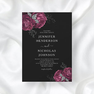 Invitation Mariage Black Floral Burgundy Peonies