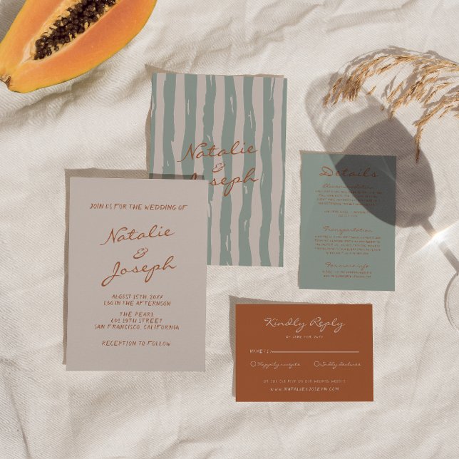 Invitation Mariage blanc à la main d'automne Pinstripes écrit (Créateur téléchargé)