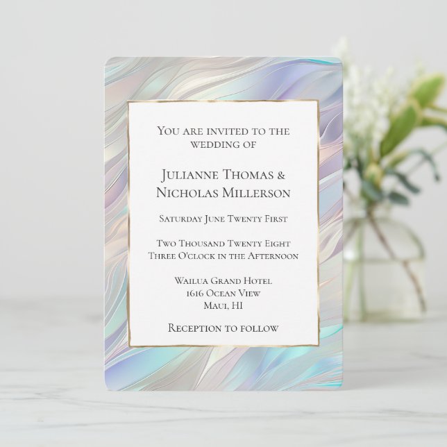 Invitation Mariage blanc Aqua Blue Purple Pearl (Debout devant)