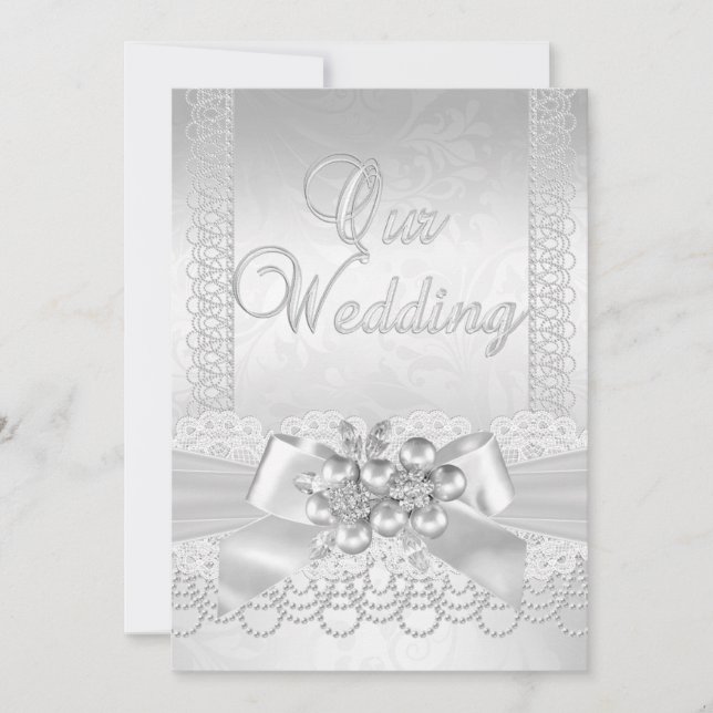 Invitation Mariage blanc argent perle dentelle Damask Diamond (Devant)