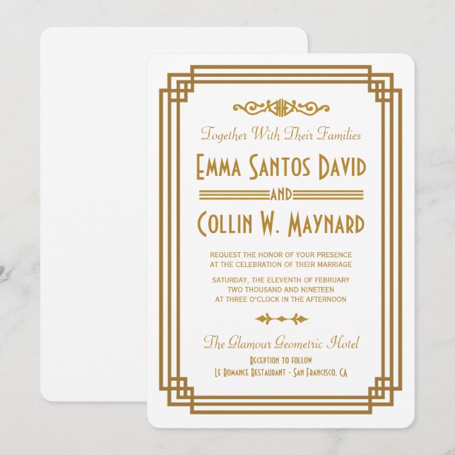 Invitation Mariage blanc Art déco simple invite (Devant / Derrière)