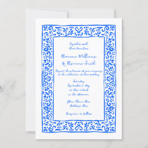 Invitation Mariage blanc bleu peint à la main méditerranéen