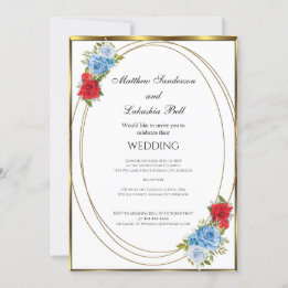 Invitation Mariage Blanc Bleu Rouge Fleurs or Élégant