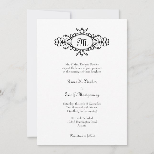 Invitation Mariage blanc de cadre de noir simple baroque de (Devant)