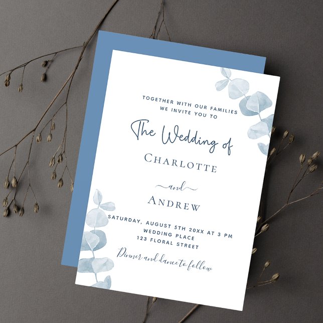 Invitation Mariage blanc d'eucalyptus bleu poussiéreux (Créateur téléchargé)