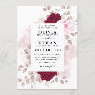 Invitation Mariage blanc élégant à la florale rouge et rose