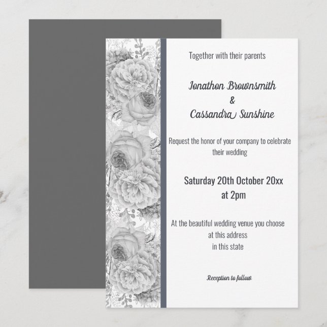 Invitation Mariage BLANC EN ARGENT BLANC FLORAL ROSE (Devant / Derrière)