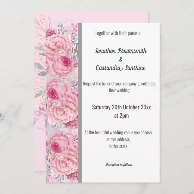 Invitation Mariage BLANC EN ARGENT ROSE ROSE FLORAL (Devant / Derrière)
