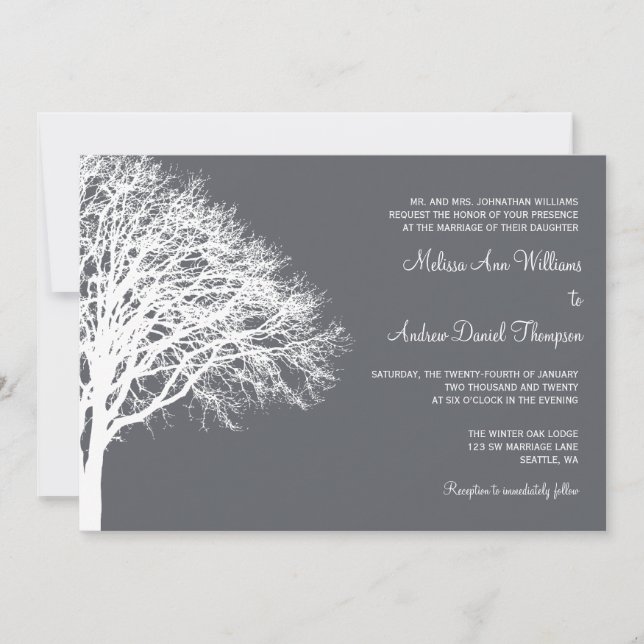 Invitation Mariage blanc et gris de chêne d'hiver (Devant)