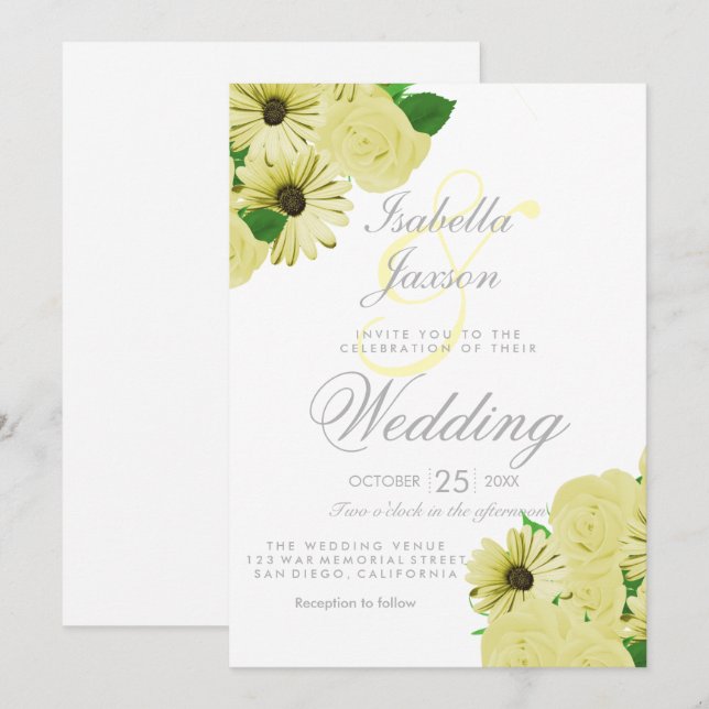 Invitation Mariage blanc et Mariage jaune pastel (Devant / Derrière)