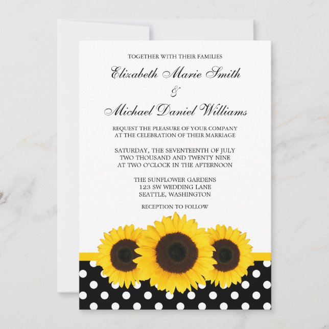 Invitation Mariage blanc et noir de tournesol jaune de polka (Devant)