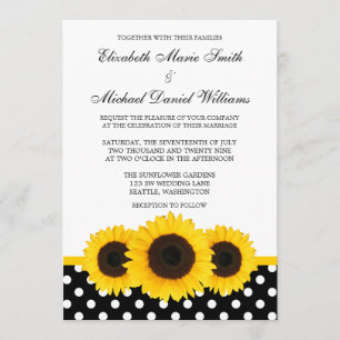 Invitation Mariage blanc et noir de tournesol jaune de polka