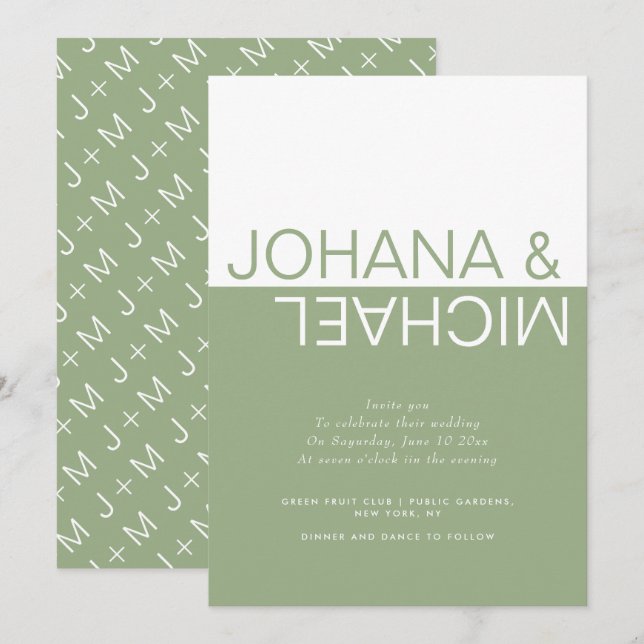 Invitation Mariage blanc et vert Sage (Devant / Derrière)