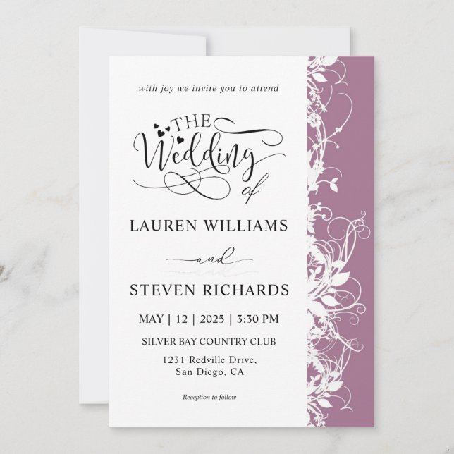 Invitation Mariage blanc et violet personnalisé (Devant)