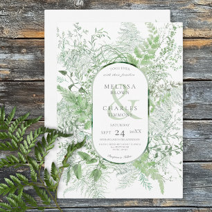 Invitation Mariage Blanc Feuillage Vert de Fougère Rustique