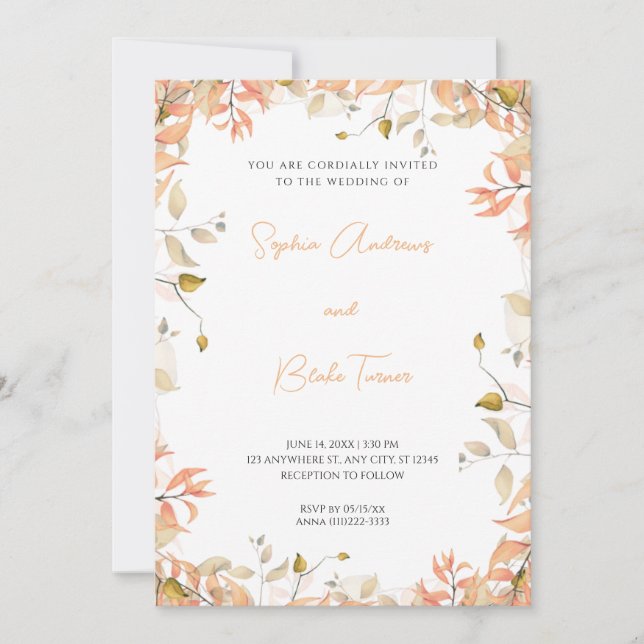 Invitation Mariage blanc Feuille orange et vert (Devant)