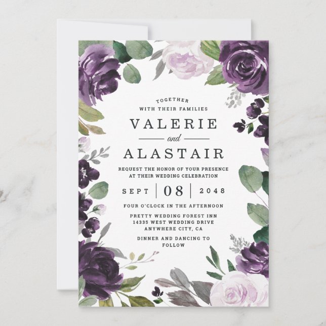 Invitation Mariage blanc floral élégant violet et argenté (Devant)