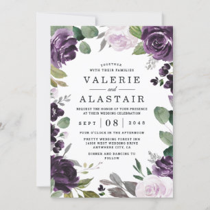 Invitation Mariage blanc floral élégant violet et argenté