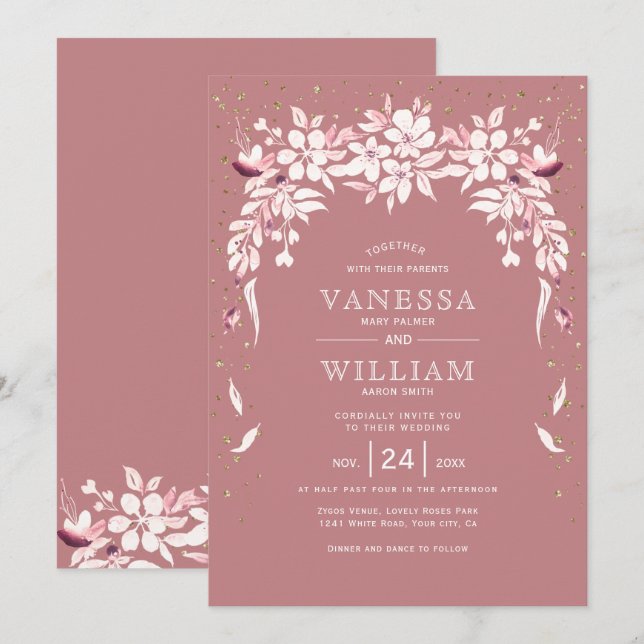 Invitation Mariage blanc floral en cascade garland dusty rose (Devant / Derrière)