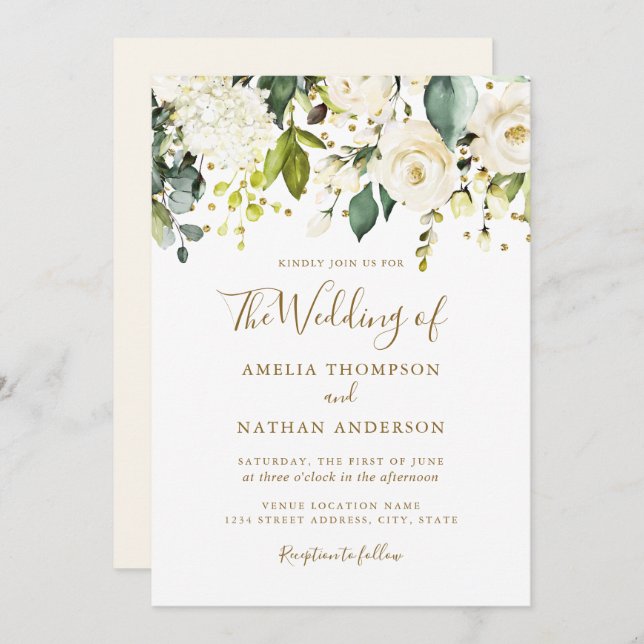 Invitation Mariage blanc floral or Confetti (Devant / Derrière)
