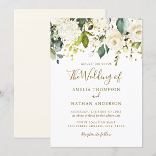 Invitation Mariage blanc floral or Confetti