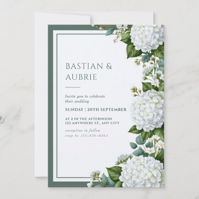 Invitation Mariage Blanc Hydrangea Sauge (Devant)
