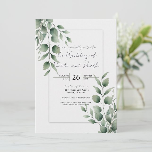 Invitation Mariage Blanc Moderne avec un Minimum de Feuillage (Debout devant)