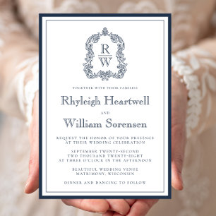 Invitation Mariage blanc Monogram Crest bleu de la marine cla