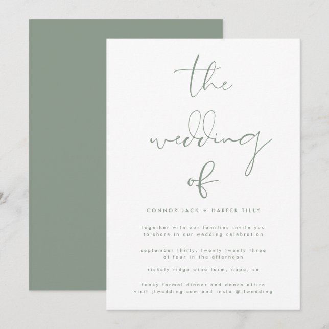 Invitation Mariage blanc neutre moderne Sage Green (Devant / Derrière)