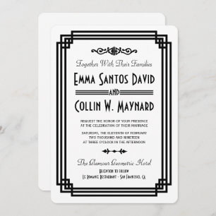 Invitation Mariage blanc & noir Art déco simple invite