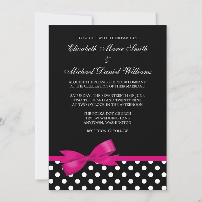 Invitation Mariage blanc noir d'arc de rose de point de polka (Devant)