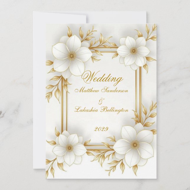Invitation Mariage Blanc Or Beau Moderne Sophistiqué (Devant)
