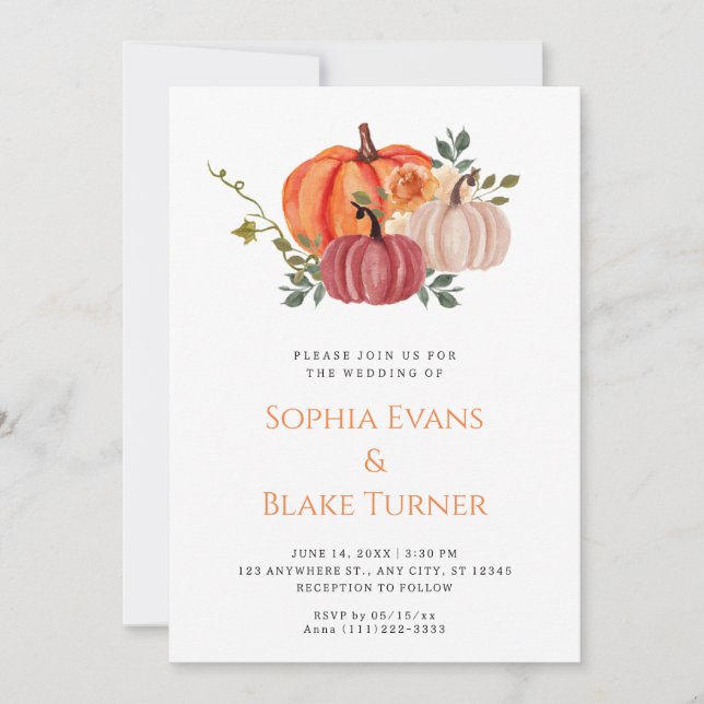 Invitation Mariage blanc orange, violet et blanc Citrouille (Devant)