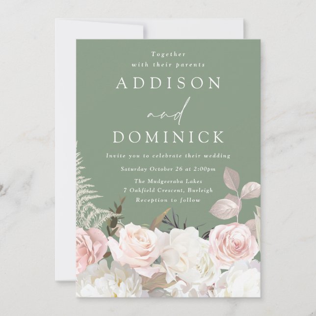 Invitation Mariage blanc pâle Rose vert Sage (Devant)