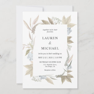 Invitation Mariage blanc personnalisé blanc feuille bleu Berr