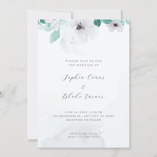 Invitation Mariage blanc romantique et vert Floral blanc (Devant)