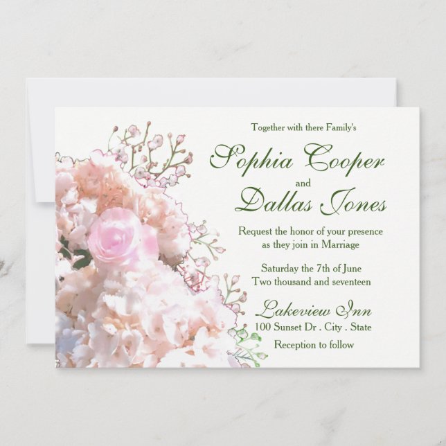 Invitation Mariage blanc romantique hydrangeas roses roses (Devant)