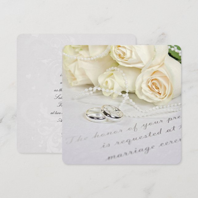 Invitation Mariage blanc Roses et anneaux (Devant / Derrière)