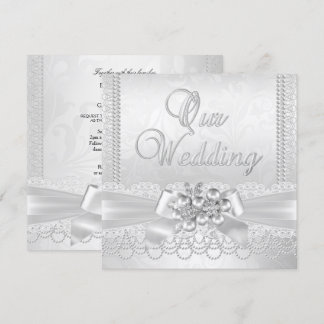 Invitation Mariage Blanc Silver Pearl Lace Damask Diamond