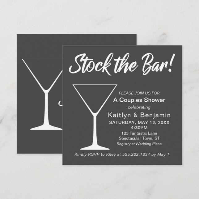 Invitation Mariage blanc sur fond gris Stockez le bar Script  (Devant / Derrière)