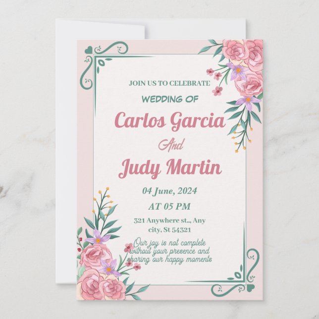 Invitation Mariage blanc vert et rose (Devant)