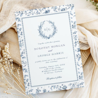 Invitation Mariage bleu à crête élégante de style chinoiserie