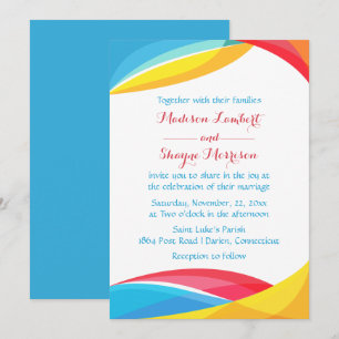 Invitation Mariage bleu Abstrait arc-en-ciel vague rouge et j