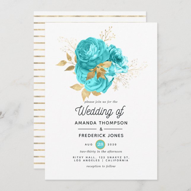 Invitation Mariage bleu Aqua et or Floral (Devant / Derrière)